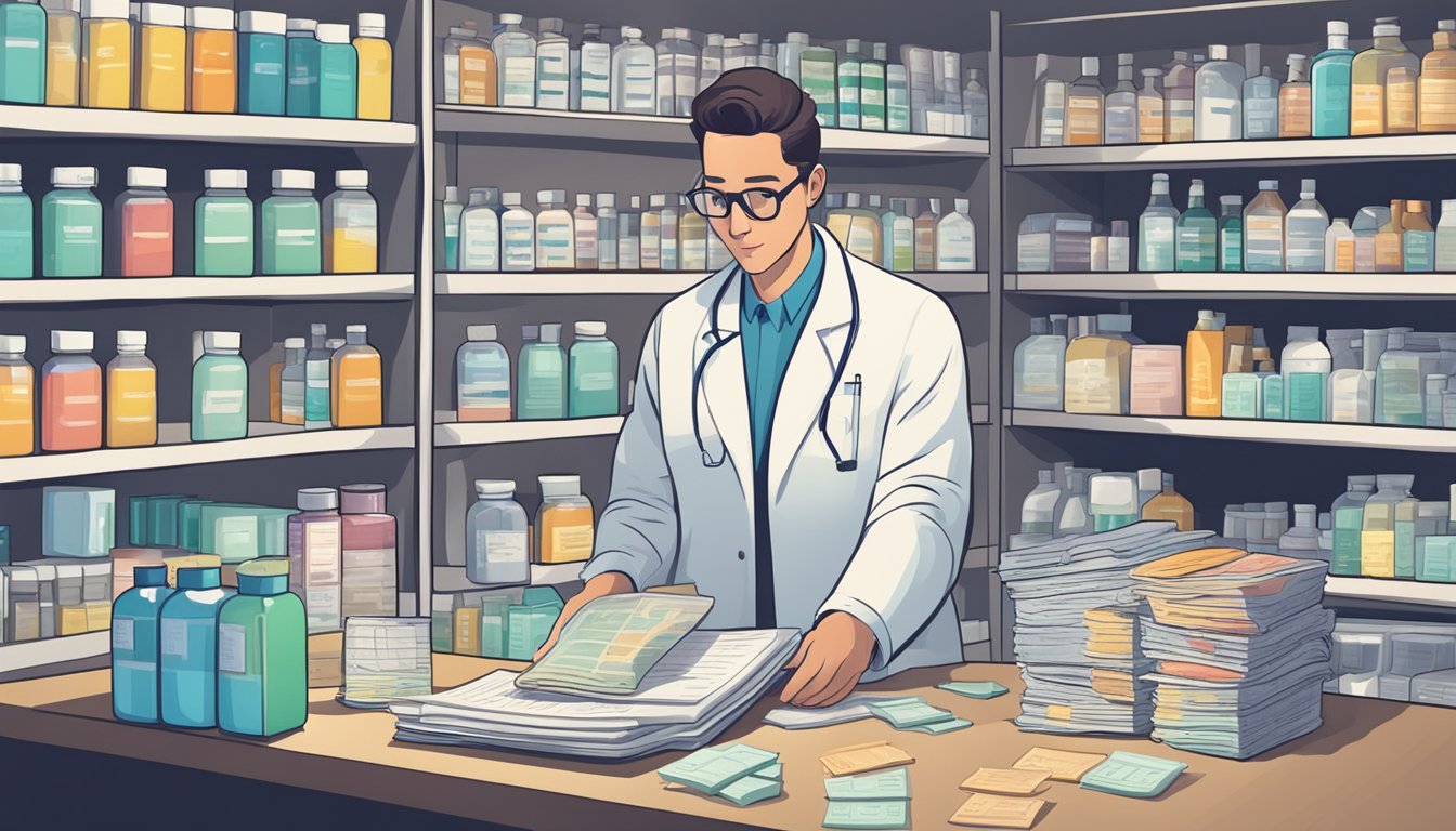 A pharmacist carefully examines financial records, surrounded by shelves of medicine