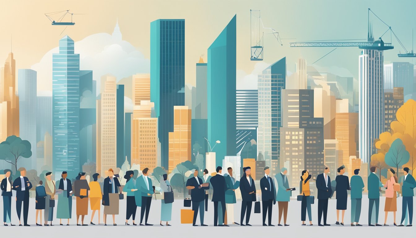 A bustling city skyline with government officials discussing economic policies, while graphs and charts illustrate the impact of fiscal decisions on growth