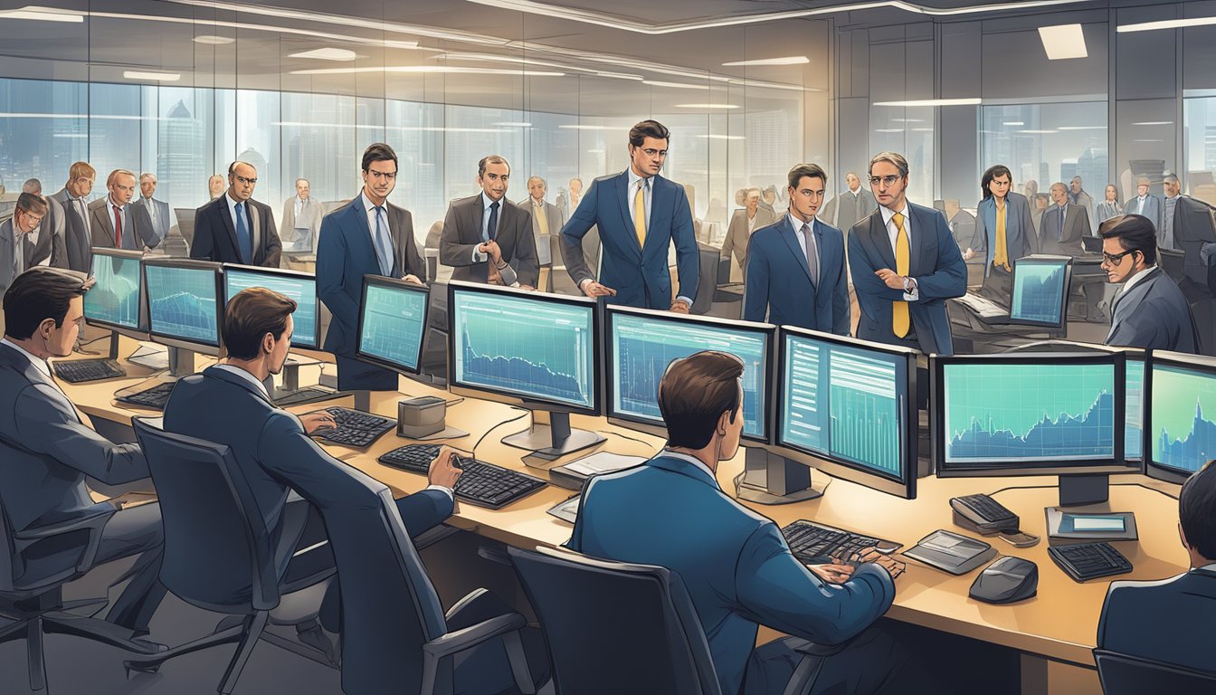 A group of investment bankers in a bustling trading floor, analyzing market data and negotiating deals with intense focus and determination