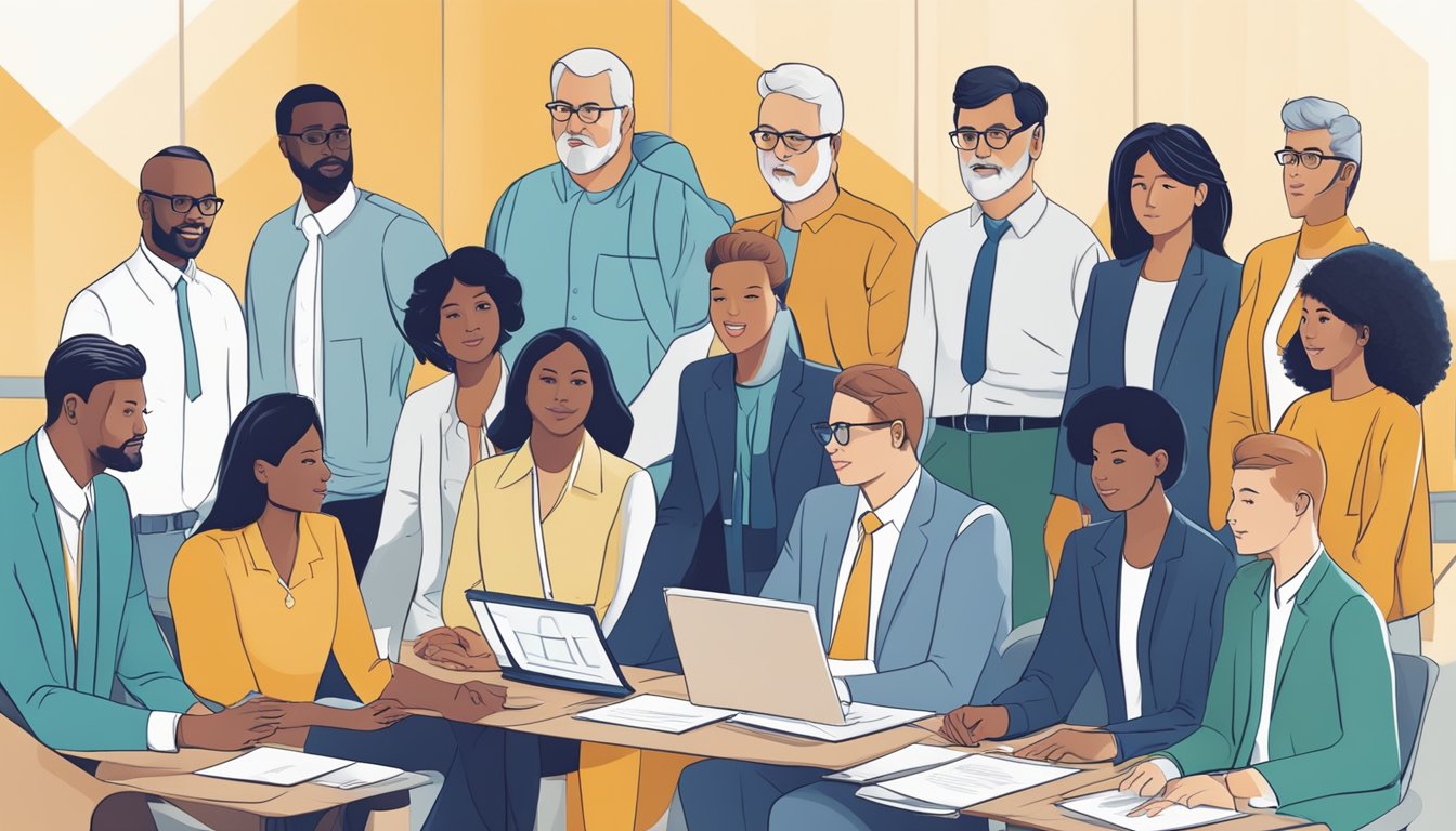 Accountants collaborating with diverse stakeholders to report on corporate social responsibility initiatives