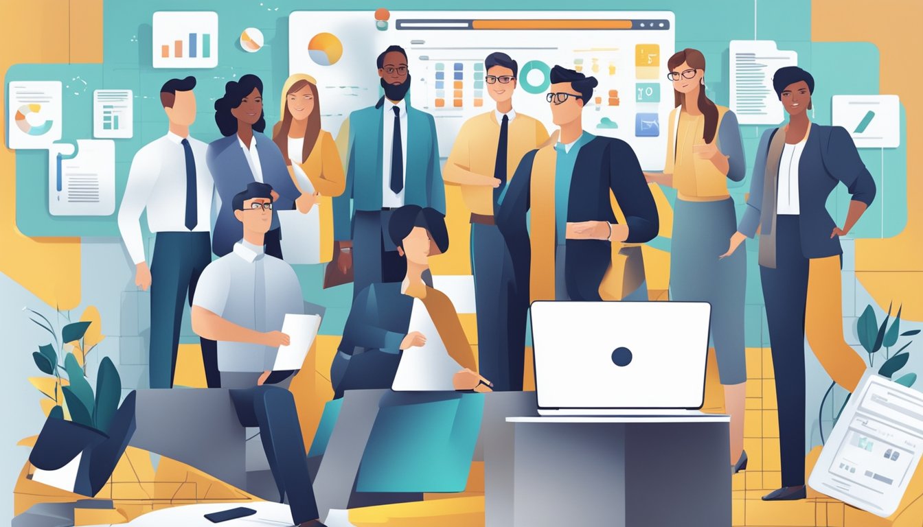 A group of accountants confidently lead a diverse team through a digital landscape, wielding technology as a tool for progress
