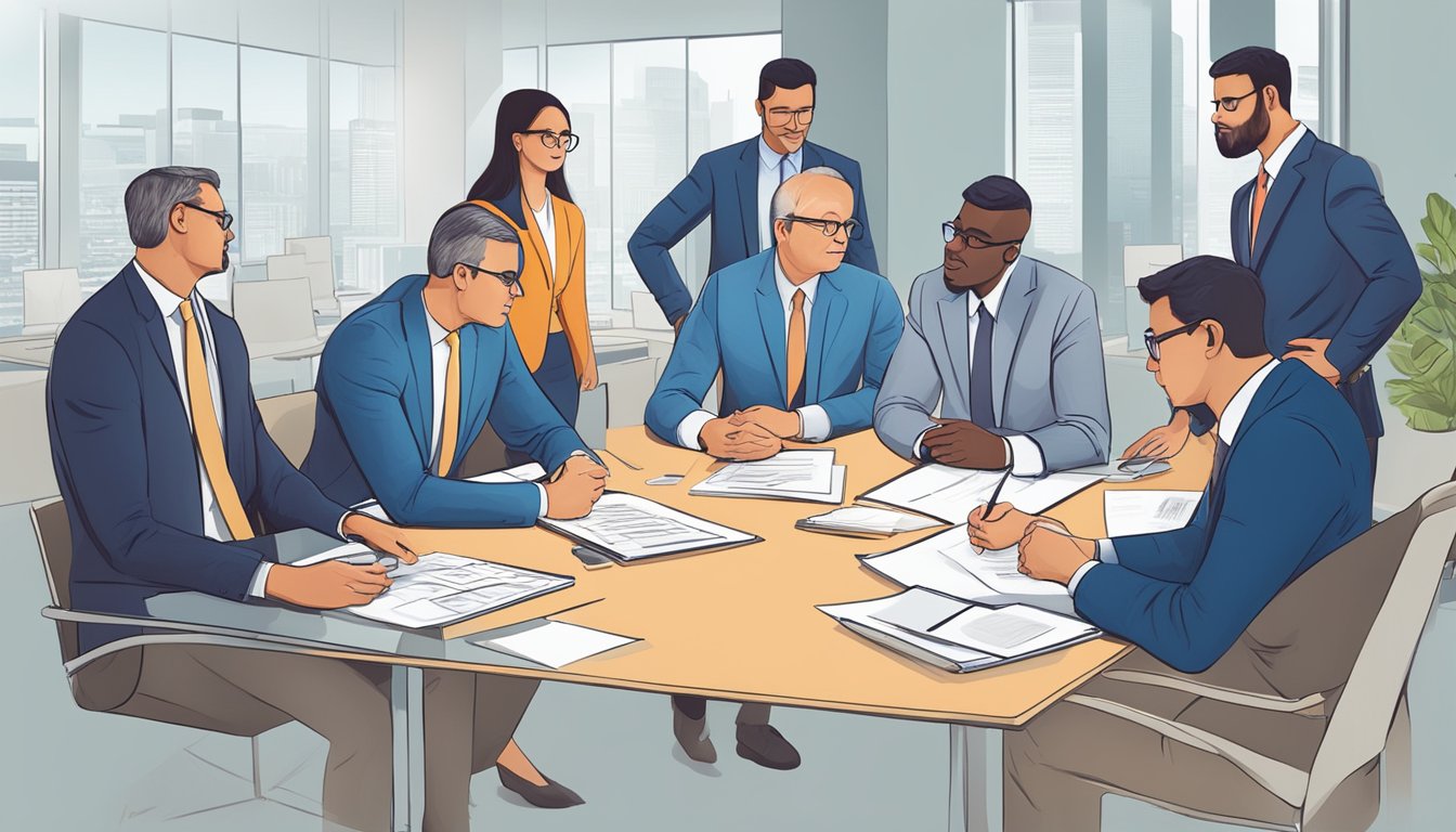 A group of accountants strategizing with business leaders amidst a crisis, collaborating on a plan to ensure continuity and resilience