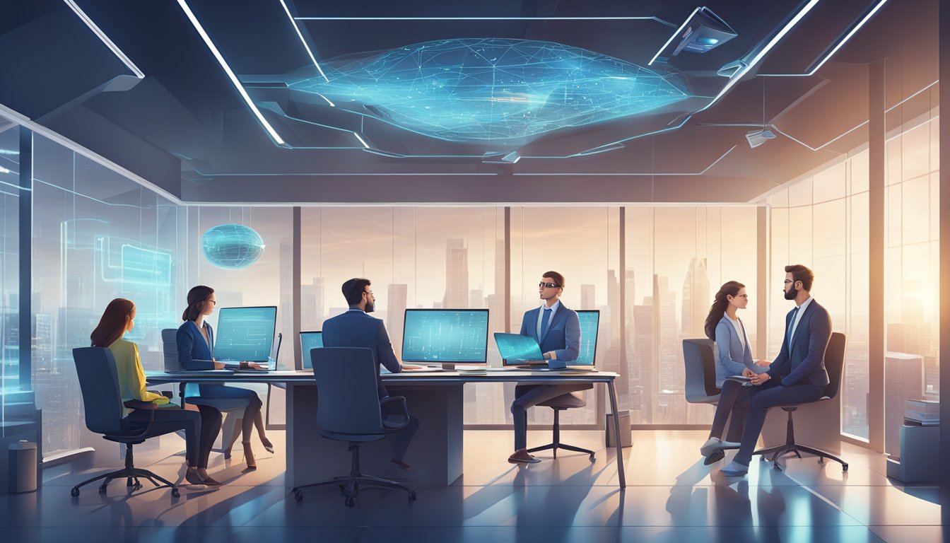 A group of professionals collaborate in a futuristic office space, utilizing advanced technology and data analysis tools to make strategic management accounting decisions