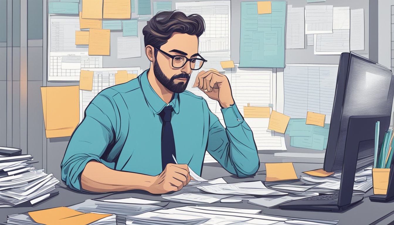A person sitting at a desk, surrounded by spreadsheets and financial documents, entering and organizing data with a determined expression