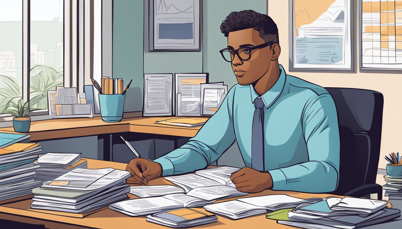 A person sits at a desk, surrounded by financial planning books and charts. They are focused, with a determined expression, as they set their financial goals