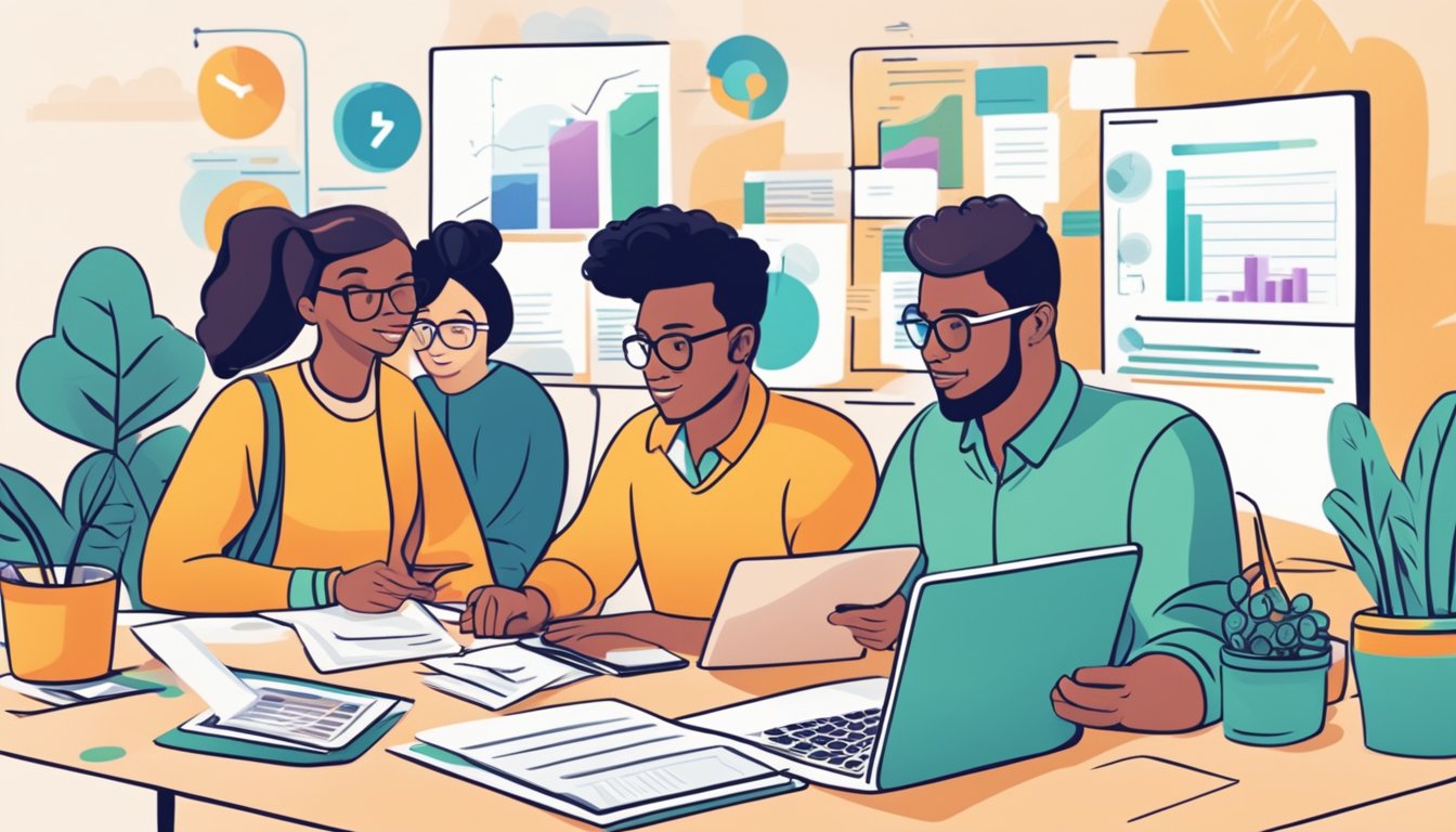 A group of online course sellers diligently record financial transactions, balance sheets, and income statements to optimize their financial health