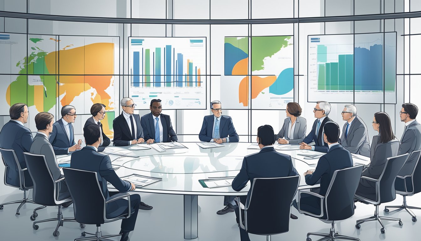 A group of central bankers discussing policy in a modern boardroom, charts and graphs displayed on large screens