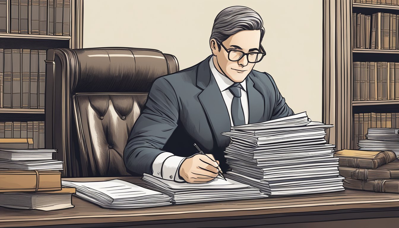 A lawyer sits at a desk, surrounded by legal documents and books. A will and trust are prominently displayed, with a pen ready to be used