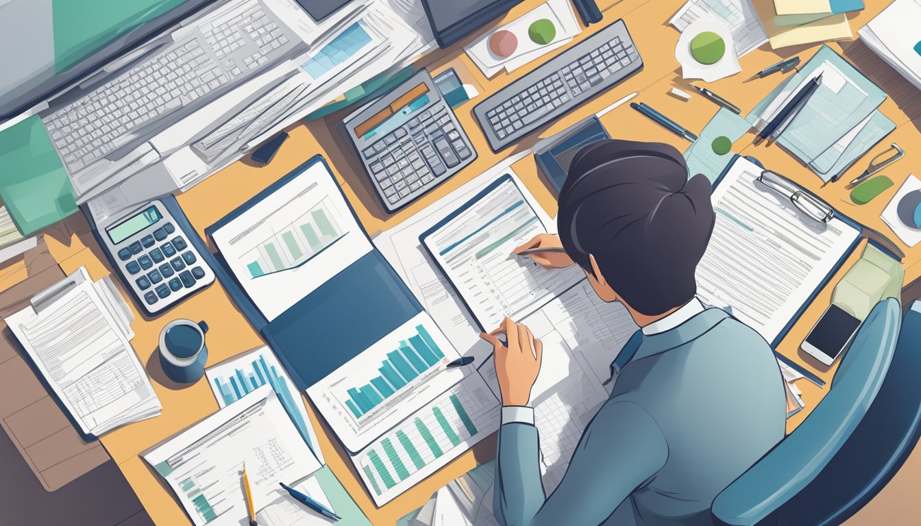 A person sits at a desk surrounded by financial documents, using a ruler and calculator to create a comprehensive financial reporting framework