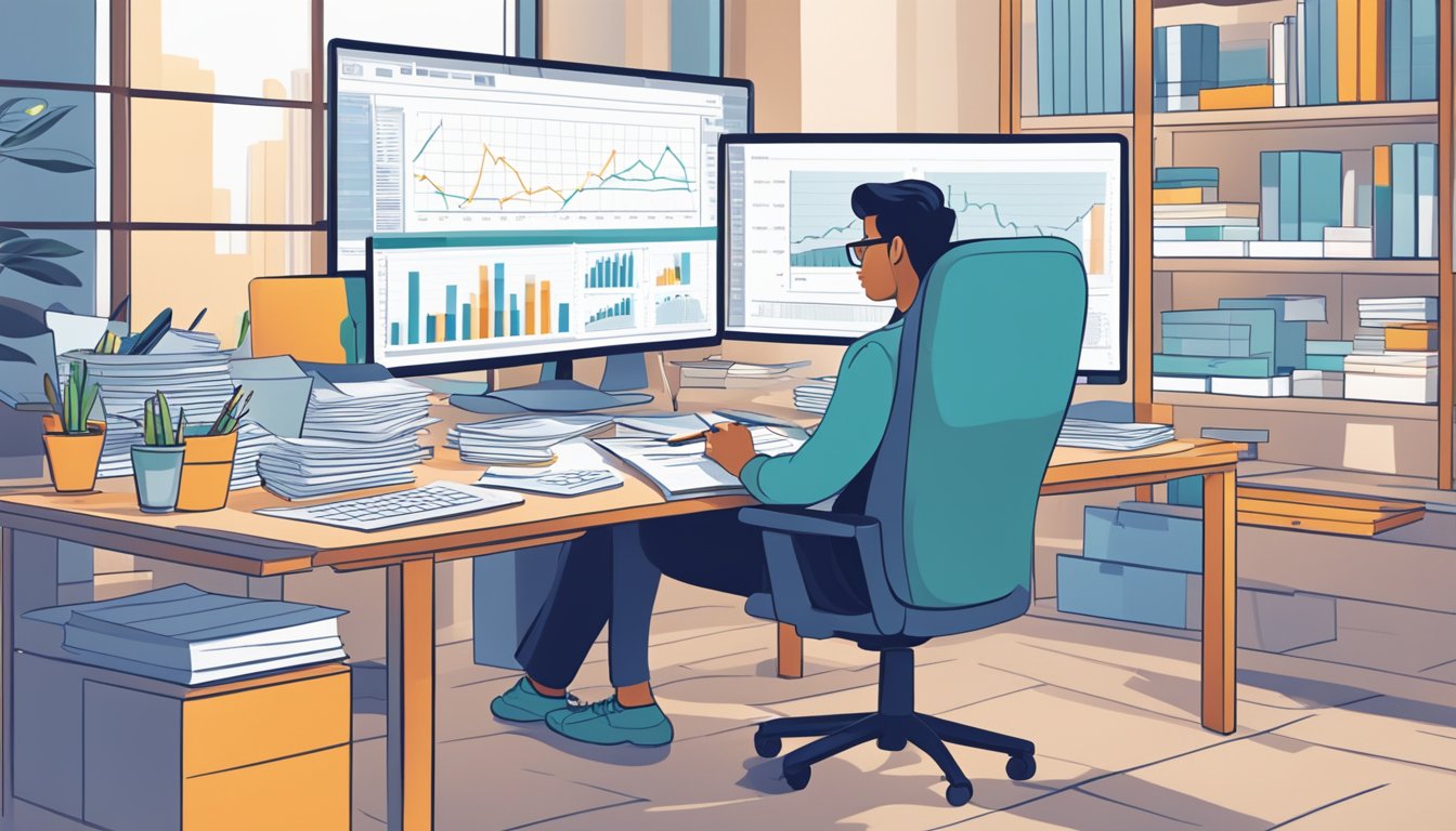 A person sitting at a desk surrounded by spreadsheets, graphs, and financial reports, focused on building a robust financial forecasting model