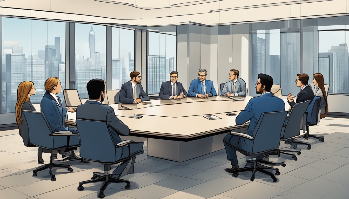 A group of professionals discussing interest rate risk management strategies in a boardroom setting