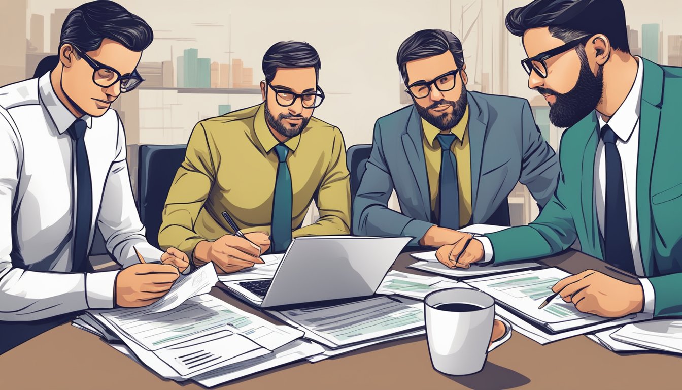 A group of accountants and financial experts gather around a table, poring over spreadsheets and documents, deep in discussion about nonprofit accounting intricacies