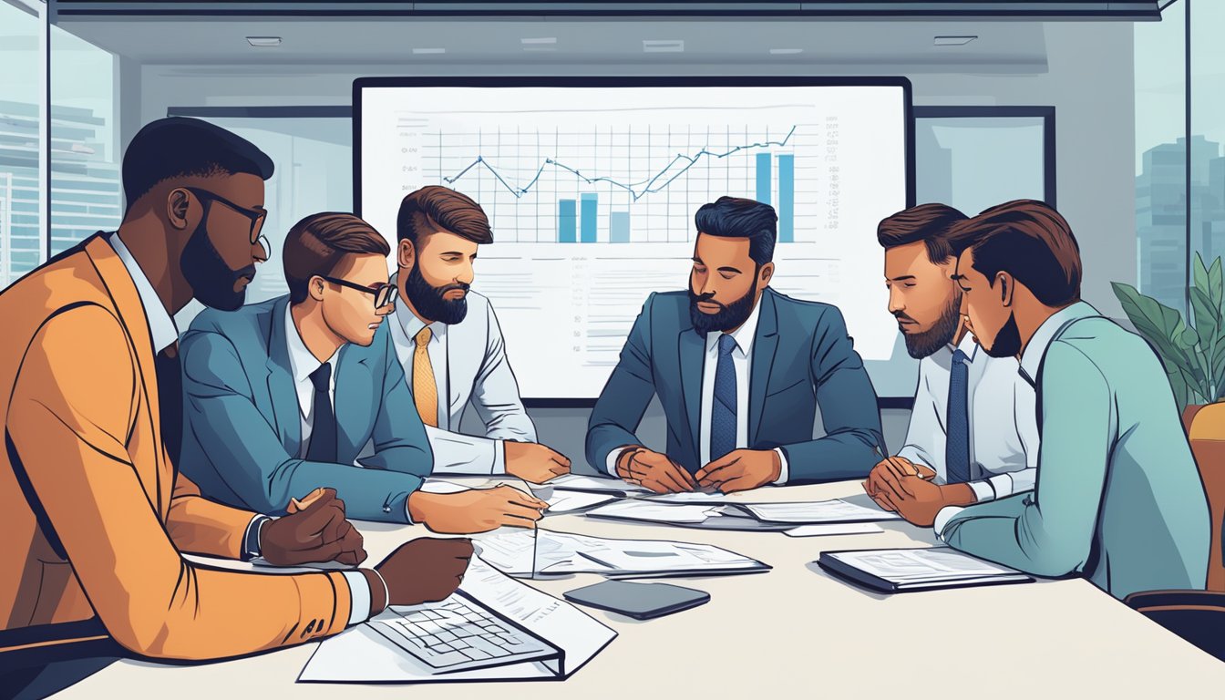 A group of business professionals huddled around a conference table, engaged in a lively discussion while analyzing market data and strategizing for price adjustments