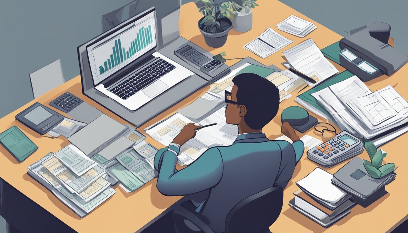 A person sitting at a desk surrounded by financial documents, a calculator, and a computer, with a determined expression on their face as they work on creating a comprehensive financial plan
