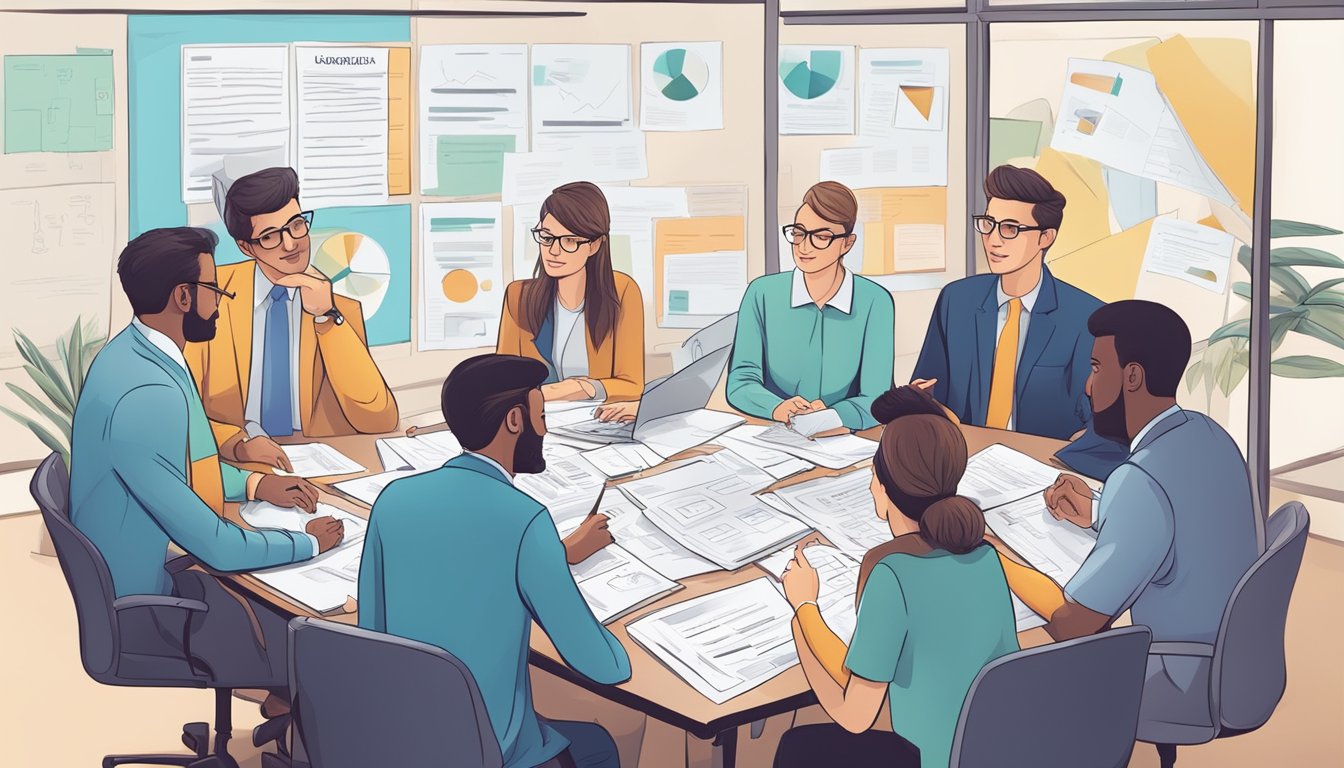 A group of accountants discussing ethical dilemmas, surrounded by case studies and brainstorming solutions