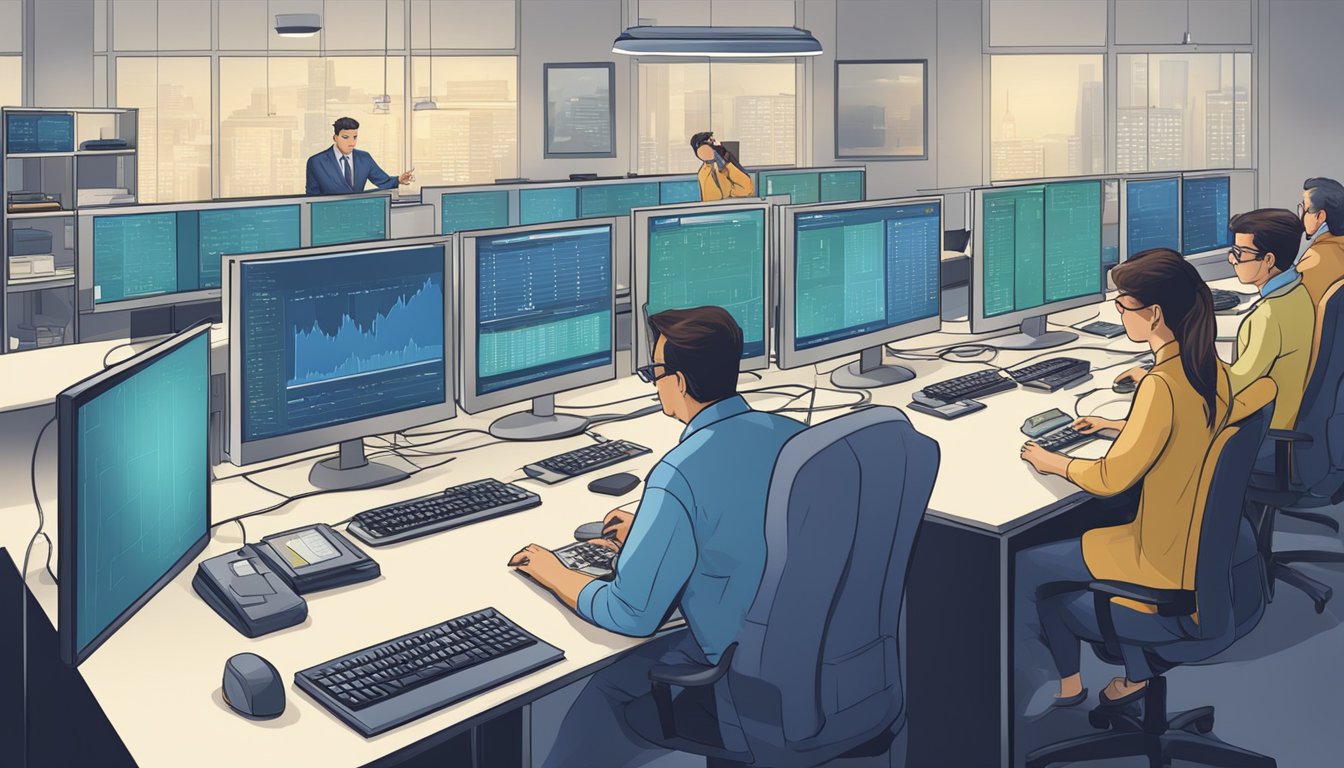 A bustling telecommunications office, accountants busily analyzing financial data while technicians work on equipment