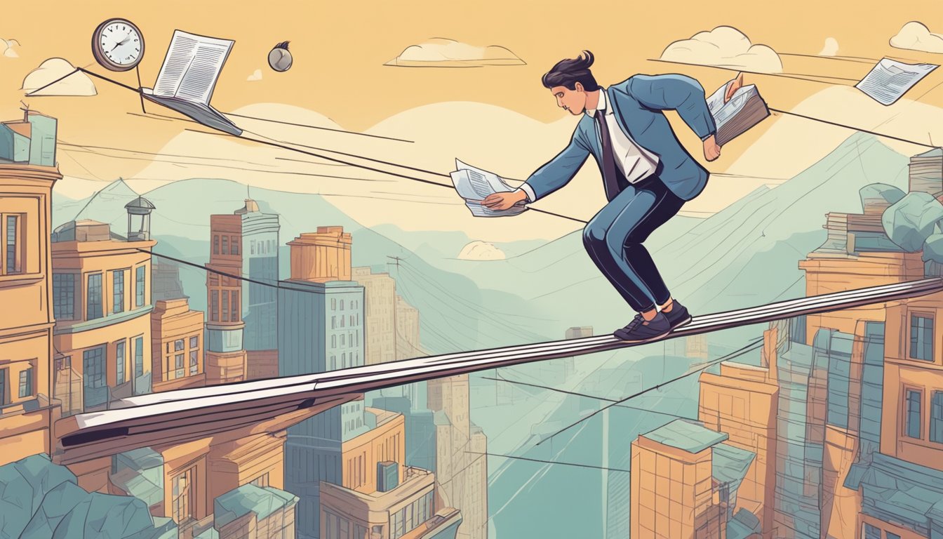 A freelancer juggles various financial documents while balancing on a tightrope, representing the challenges of accounting in the gig economy