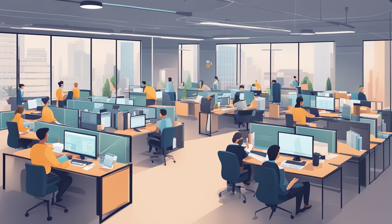 A bustling tax office with AI algorithms processing data efficiently, while accountants collaborate seamlessly