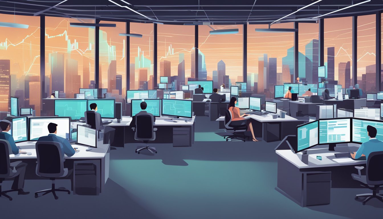 A bustling office with data analysts working on computers, surrounded by towering stacks of financial reports. A large, glowing "Big Data" sign hangs above them