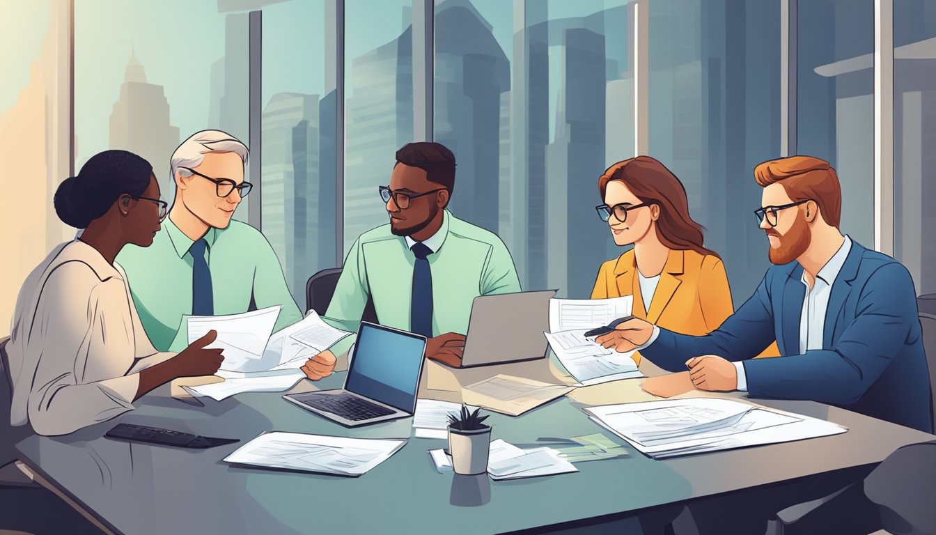 A group of professionals discussing sustainability while analyzing financial reports