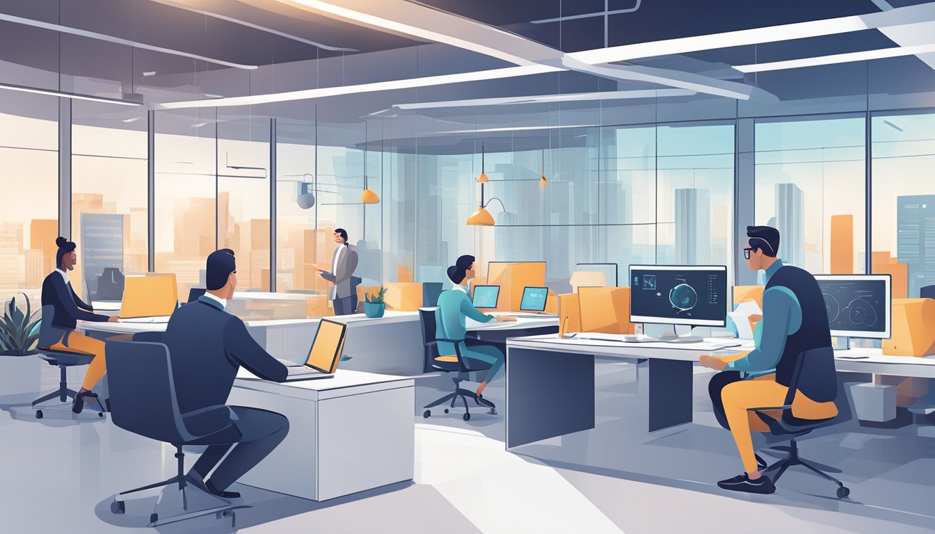 Accountants and AI working together in a sleek, modern office. AI algorithms and data visualizations transforming traditional ledger books