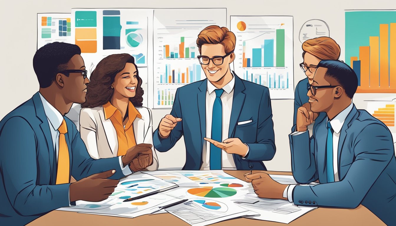 A group of business professionals engage in a lively discussion, pointing to charts and graphs that illustrate the differences between private equity and venture capital