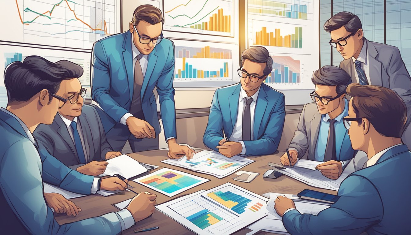 A group of investors studying graphs and charts, discussing strategies amidst a changing economic landscape