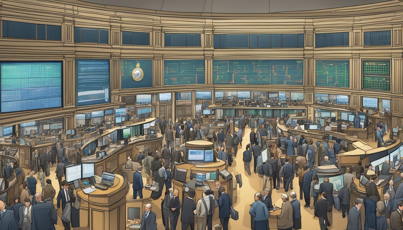 A bustling stock exchange floor filled with traders and investors, as a company announces a large buyback program, causing a flurry of activity and speculation