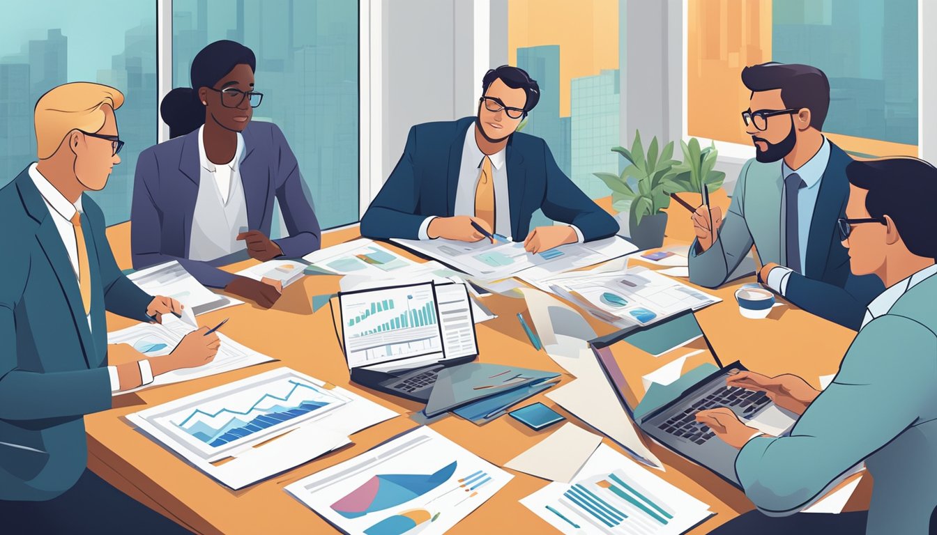 A group of business professionals sit around a table, analyzing financial documents and charts. They are engaged in a lively discussion, pointing to various figures and graphs as they work through the step-by-step guide