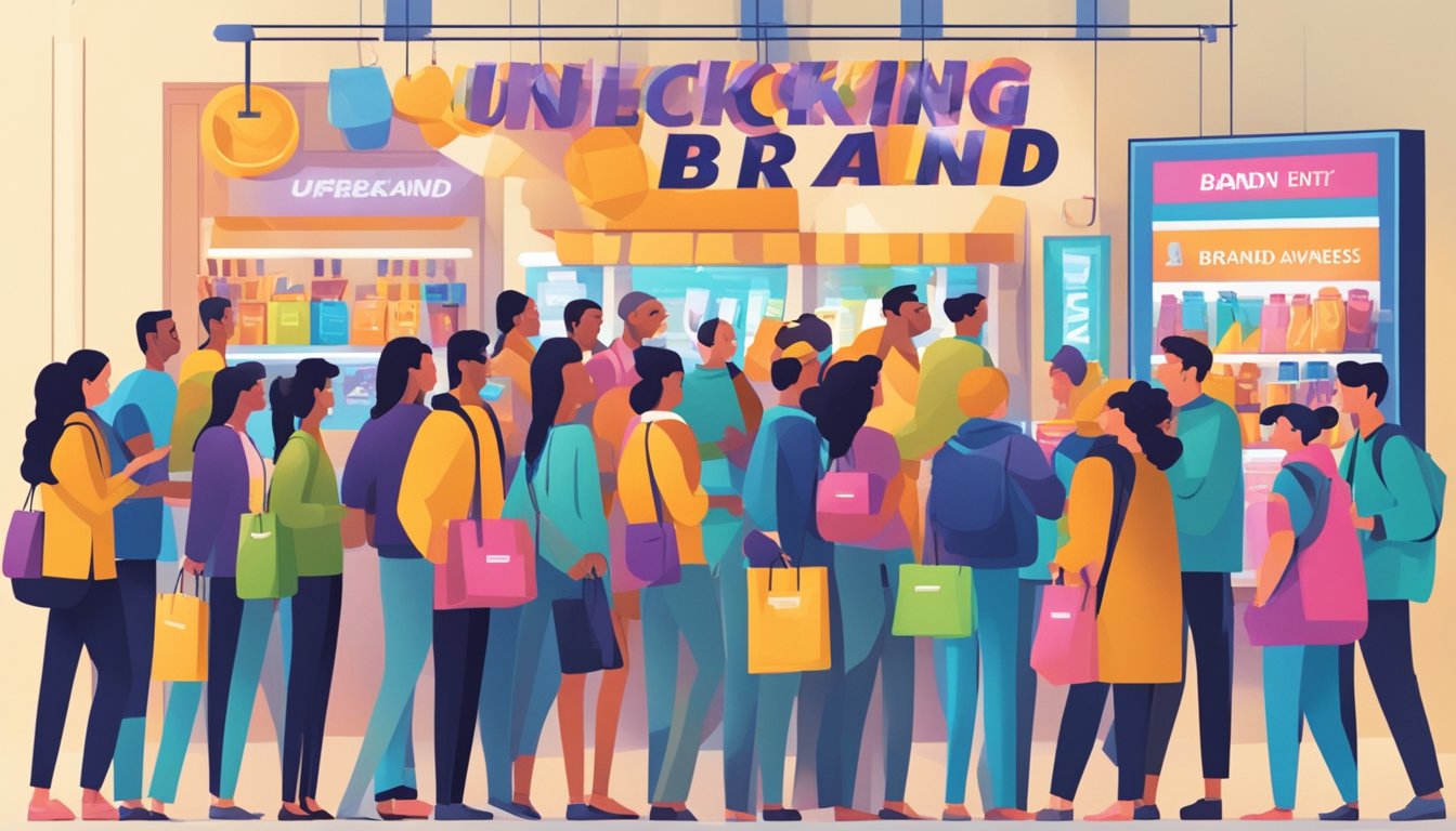 A crowd gathers around a brightly lit display of products, with a sign reading "Unlocking Brand Awareness" in bold letters. People eagerly reach for discounted items, creating a buzz of excitement and visibility for the brand