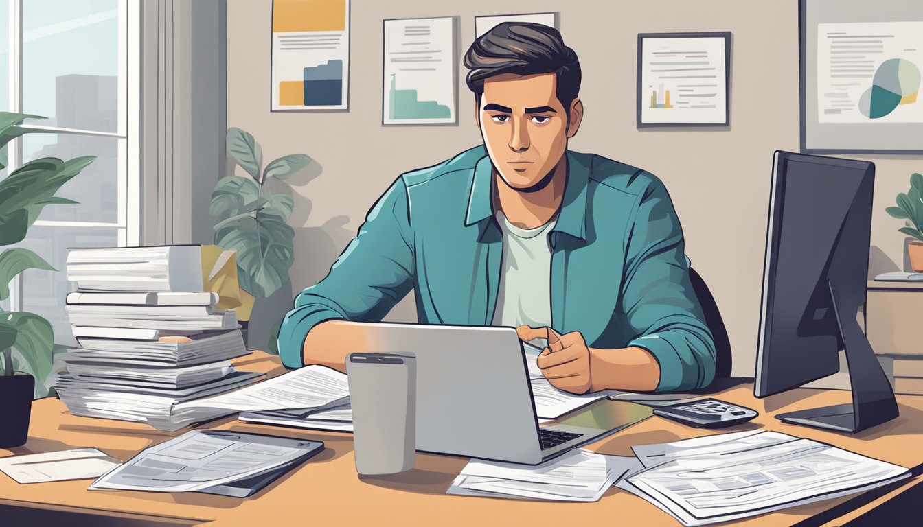 A person sitting at a desk, surrounded by financial documents and a laptop, with a determined expression while reviewing their credit score