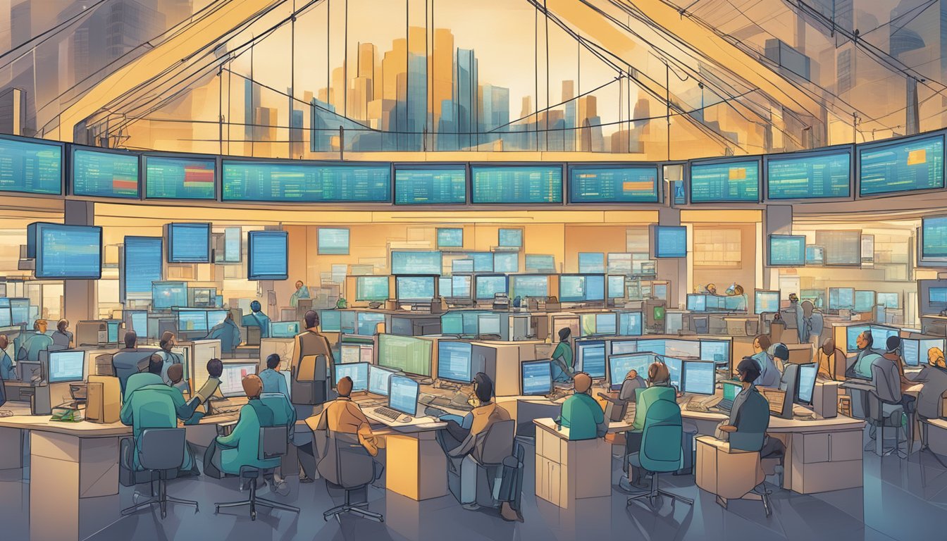 A bustling financial market with traders exchanging various types of derivatives, including futures, options, and swaps