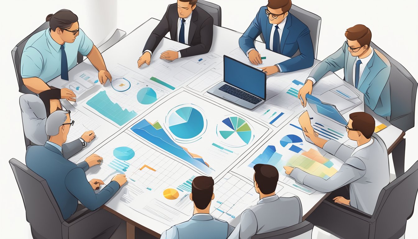 A group of accountants strategizing with business leaders, analyzing financial data, and mapping out growth plans