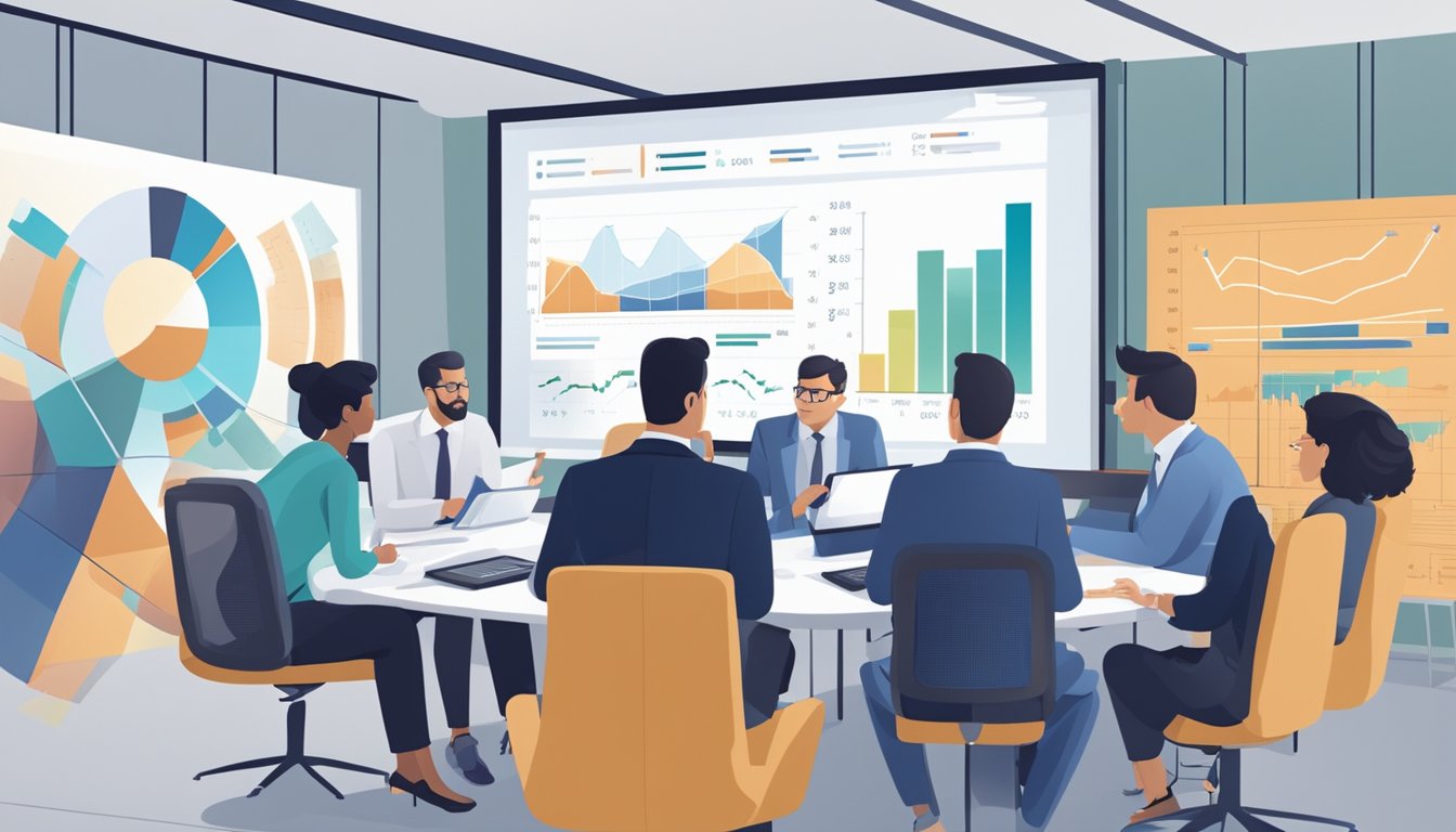 A group of financial experts discussing the CAPM, with charts and graphs displayed on a large screen