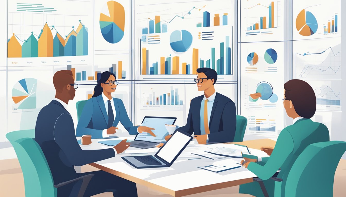 A group of executives discussing pricing strategy in a sleek boardroom, with charts and graphs showing potential profit growth