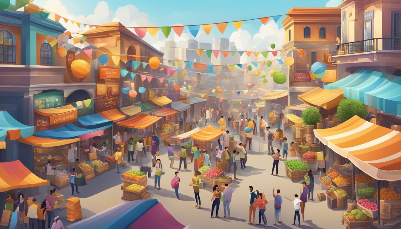 A bustling marketplace with products priced dynamically, a mix of excited customers and satisfied vendors, all surrounded by a backdrop of colorful signs and banners