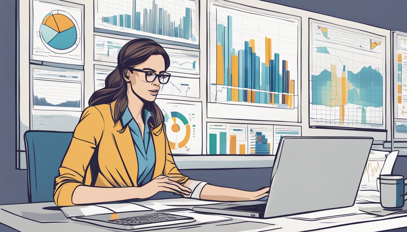 A businesswoman confidently adjusts pricing models on a laptop, surrounded by charts and graphs, with a determined expression