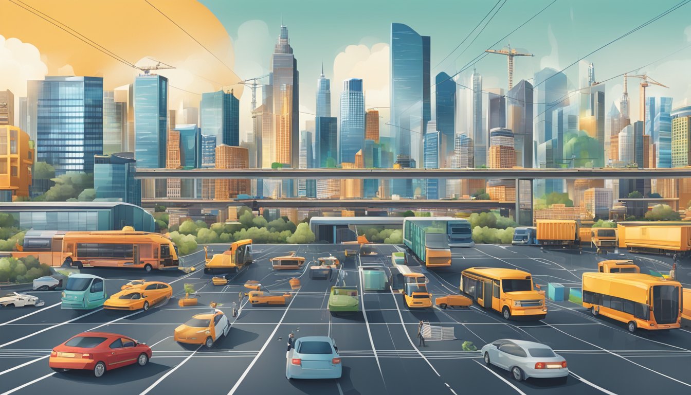 A bustling city skyline with diverse industries and a network of transportation, symbolizing economic growth and prosperity