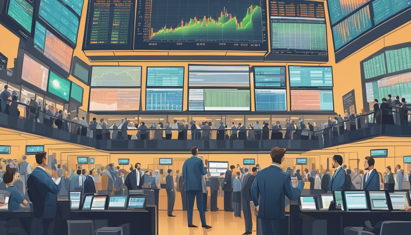 A bustling stock exchange floor with traders in suits, screens displaying fluctuating prices, and a central board showing the Efficient Market Hypothesis in action
