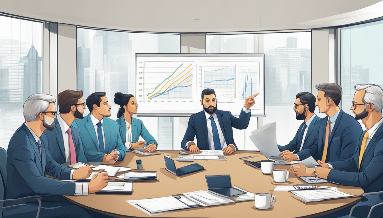 A group of corporate executives sit around a conference table, discussing financial planning while pointing at charts and graphs