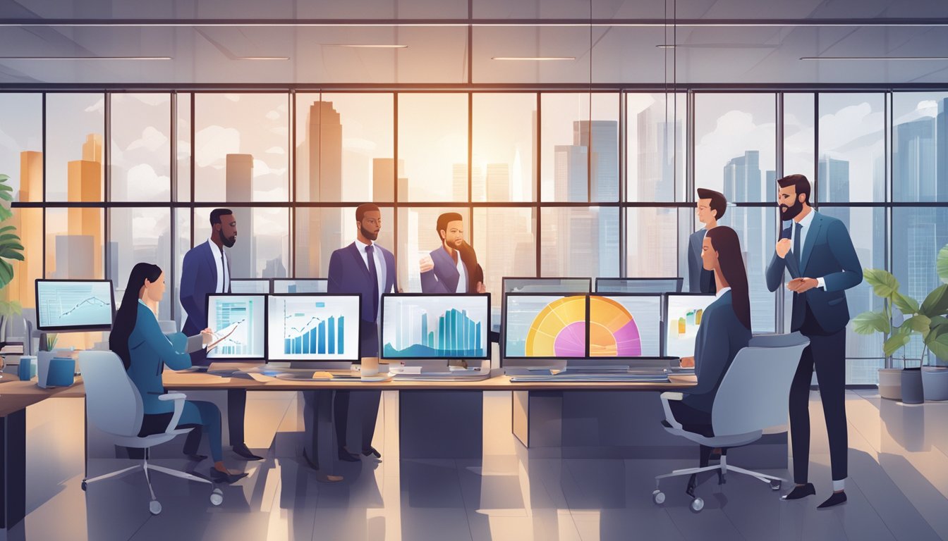 A group of business professionals analyzing financial data in a modern office setting, with charts and graphs displayed on large screens