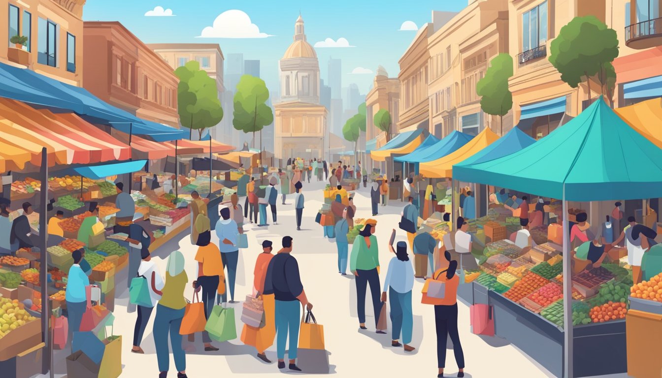 A bustling marketplace with vendors adjusting prices, attracting customers, and positioning their products for success