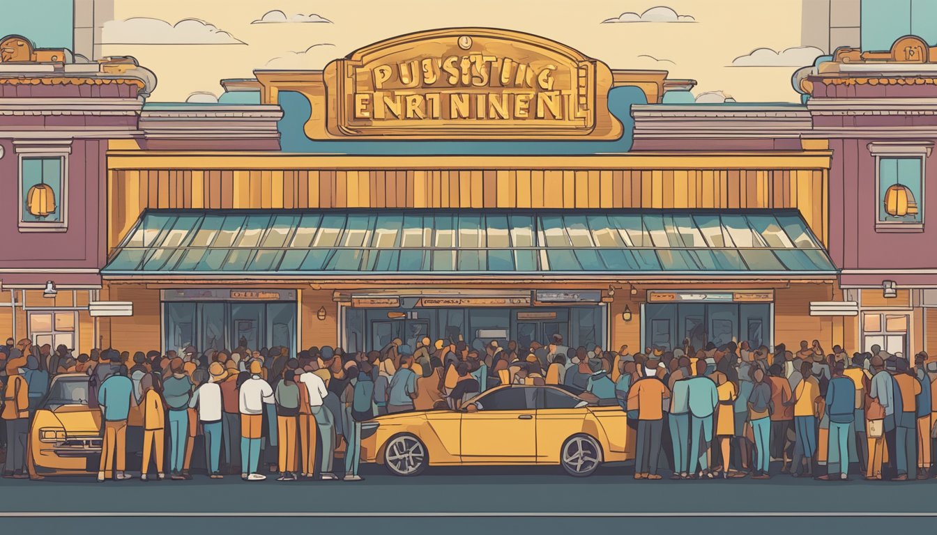 A bustling entertainment venue with a crowd of eager fans lining up for tickets, while a marquee displays the value of pricing strategies