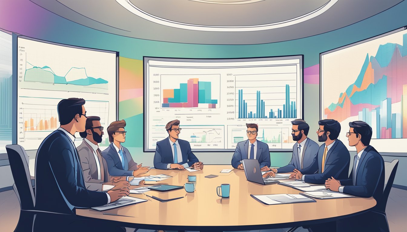 A group of tech executives gather around a conference table, discussing pricing strategies. Charts and graphs are projected on a screen behind them, illustrating their points