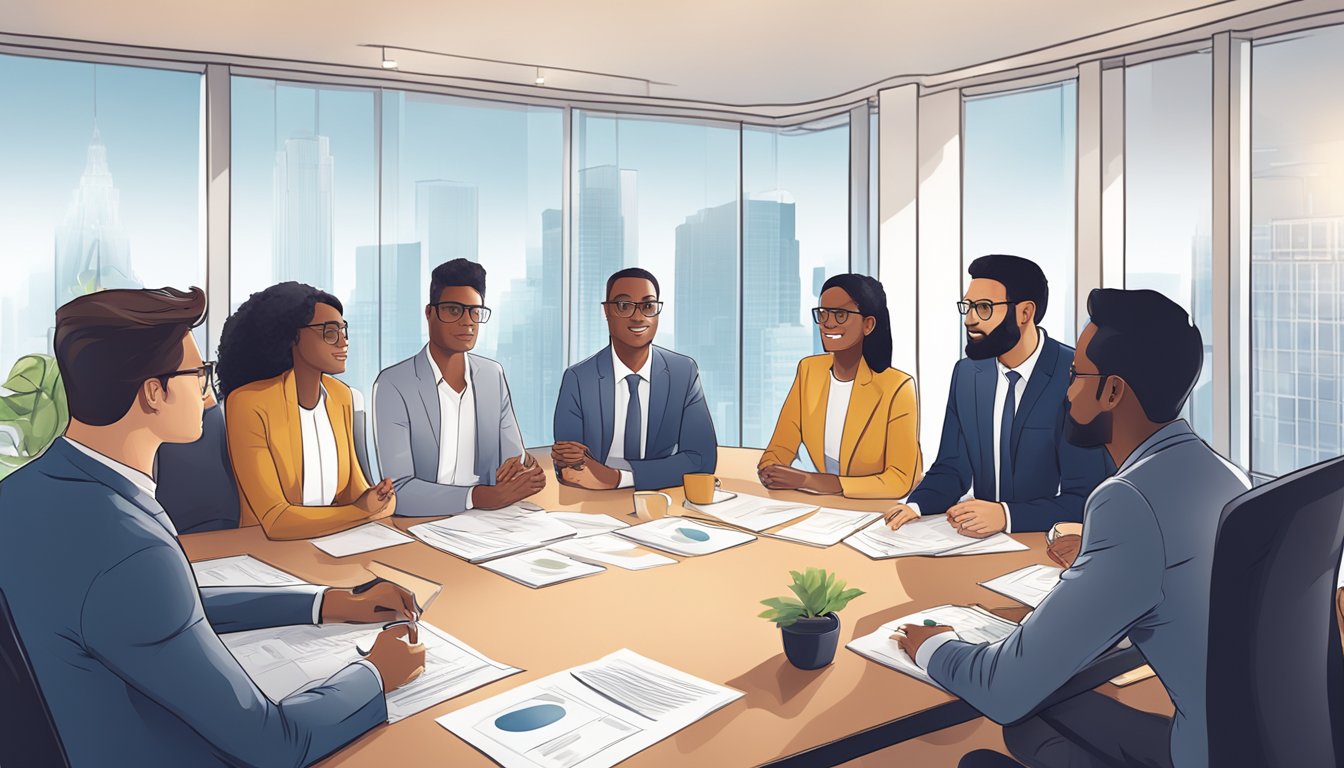 A diverse group of people discussing real estate investments in a modern, well-lit boardroom