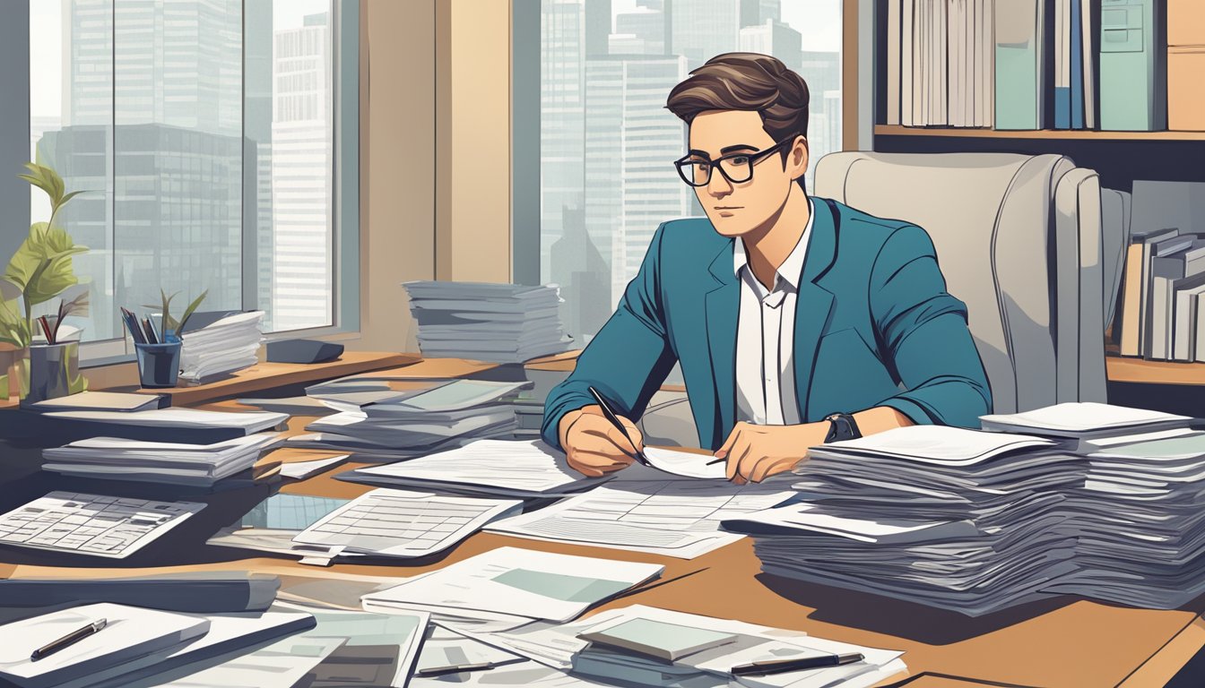A person sitting at a desk, surrounded by financial documents and charts, with a determined expression as they plan for their future