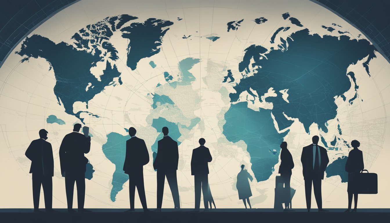 A group of shadowy figures huddle around a world map, pointing to various locations marked as tax havens. The atmosphere is tense, with a sense of secrecy and power