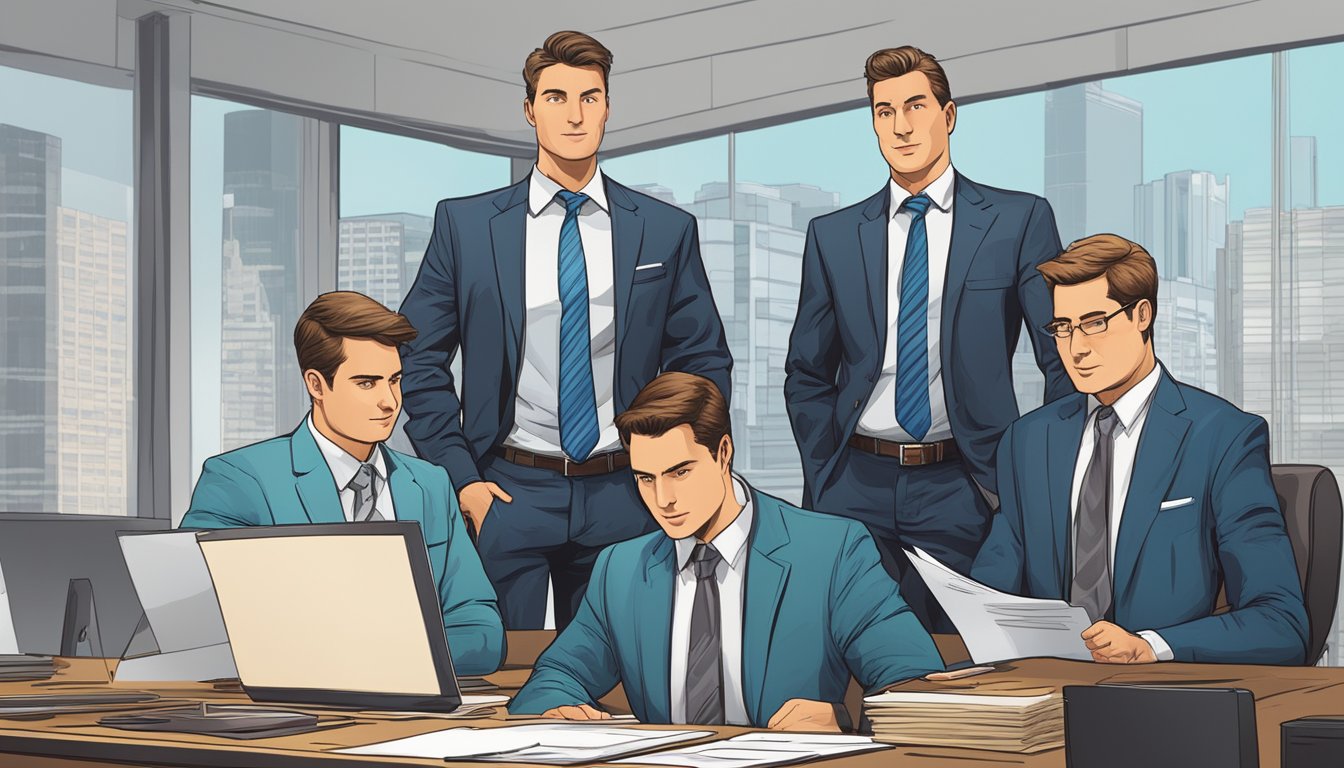 Accountants in suits and ties, standing in a boardroom, surrounded by documents and financial reports. Their expressions convey trustworthiness and integrity
