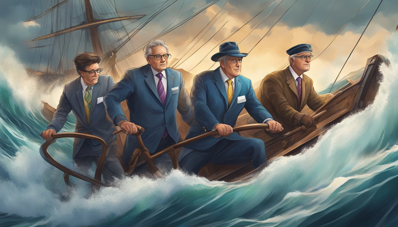 A team of accountants confidently steer a ship through stormy waters, using their financial expertise to navigate a crisis