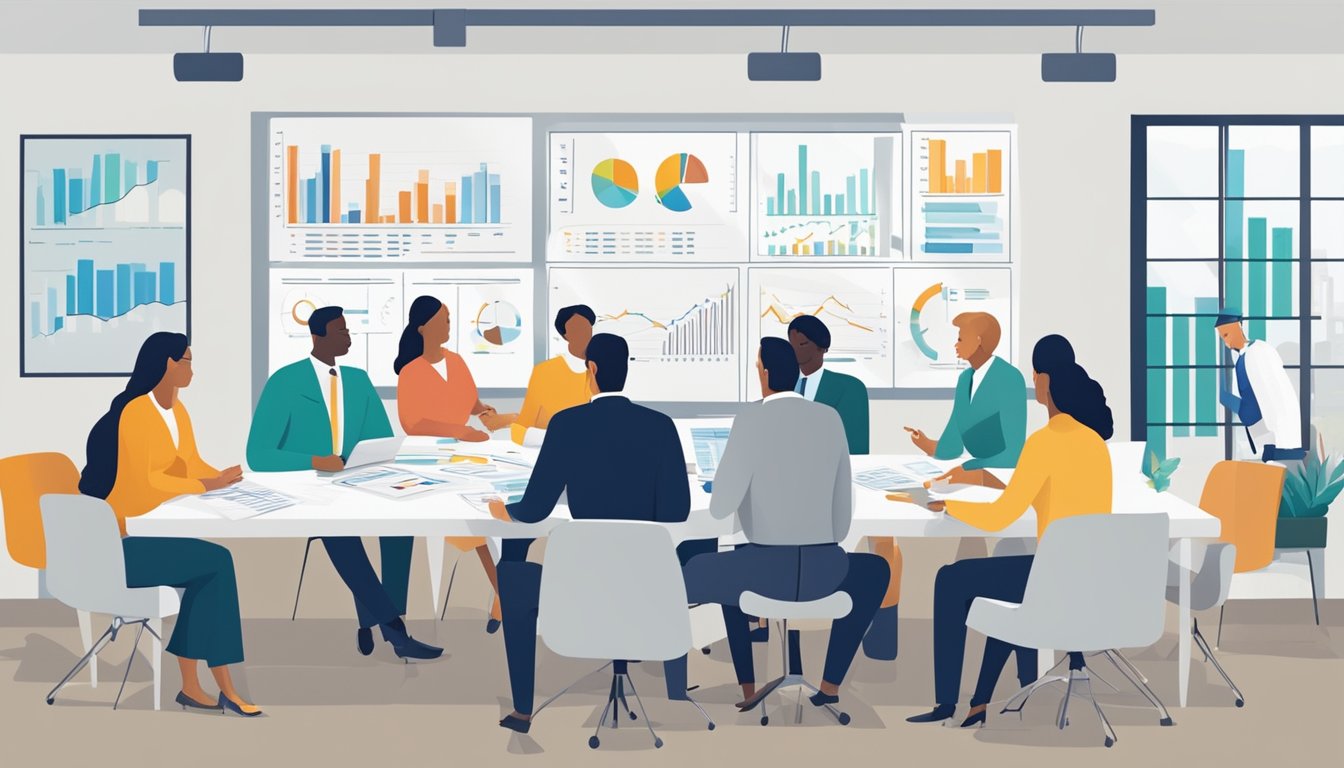 A group of professionals gather around a table, discussing financial documents and investment strategies. Charts and graphs adorn the walls, emphasizing the importance of informed decision-making